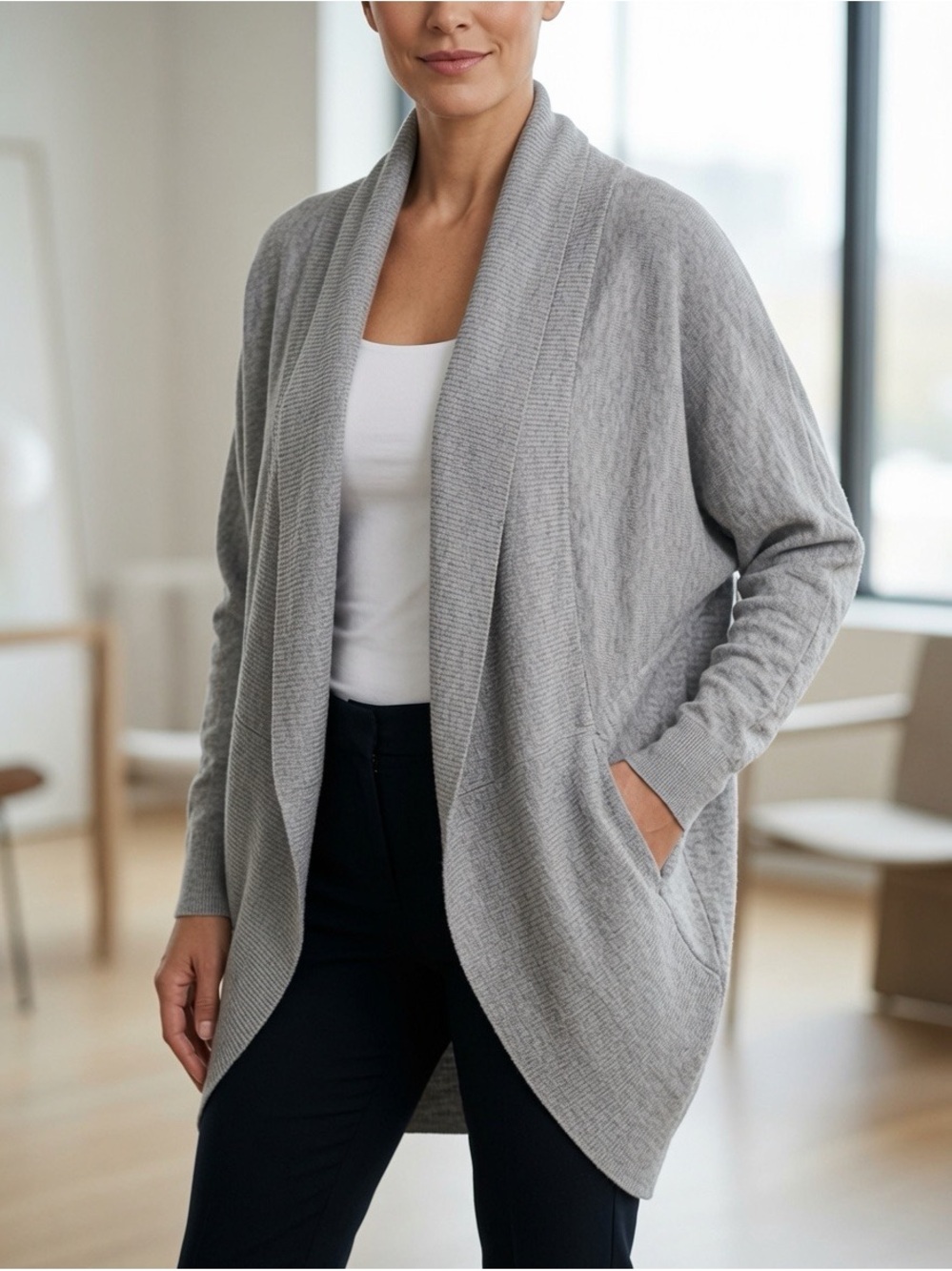 H by Halston Light Gray Shawl-Collar Open Cardigan